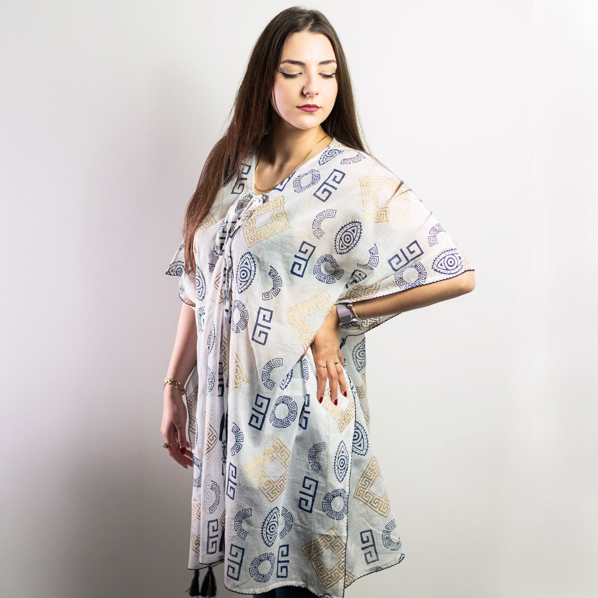 Nomad Sari Kaftan – Blue & Gold Greek Motif Print - Image 6