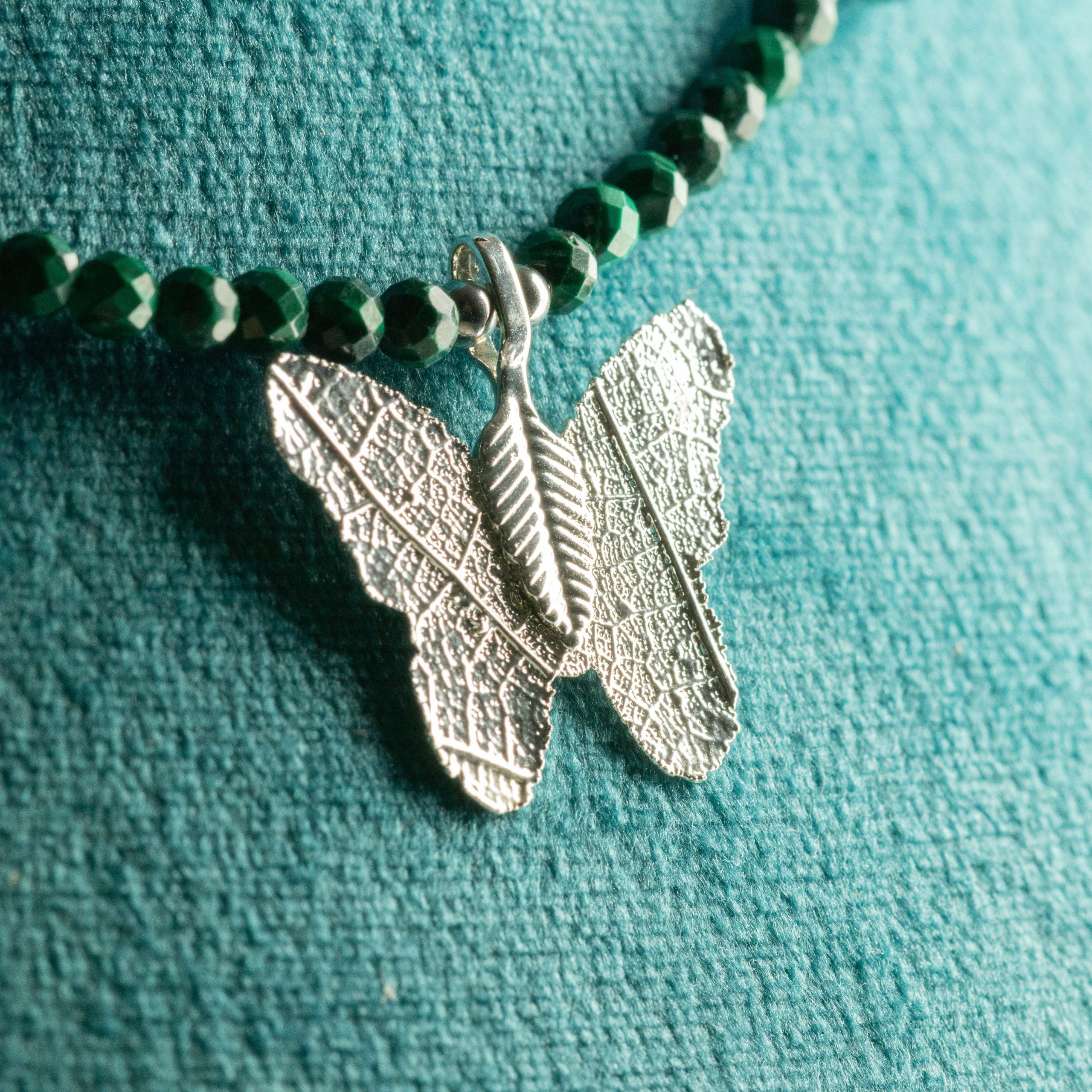 Nymph Malachite Gemstone Necklace with Real Leaf Butterfly Pendant - Image 3