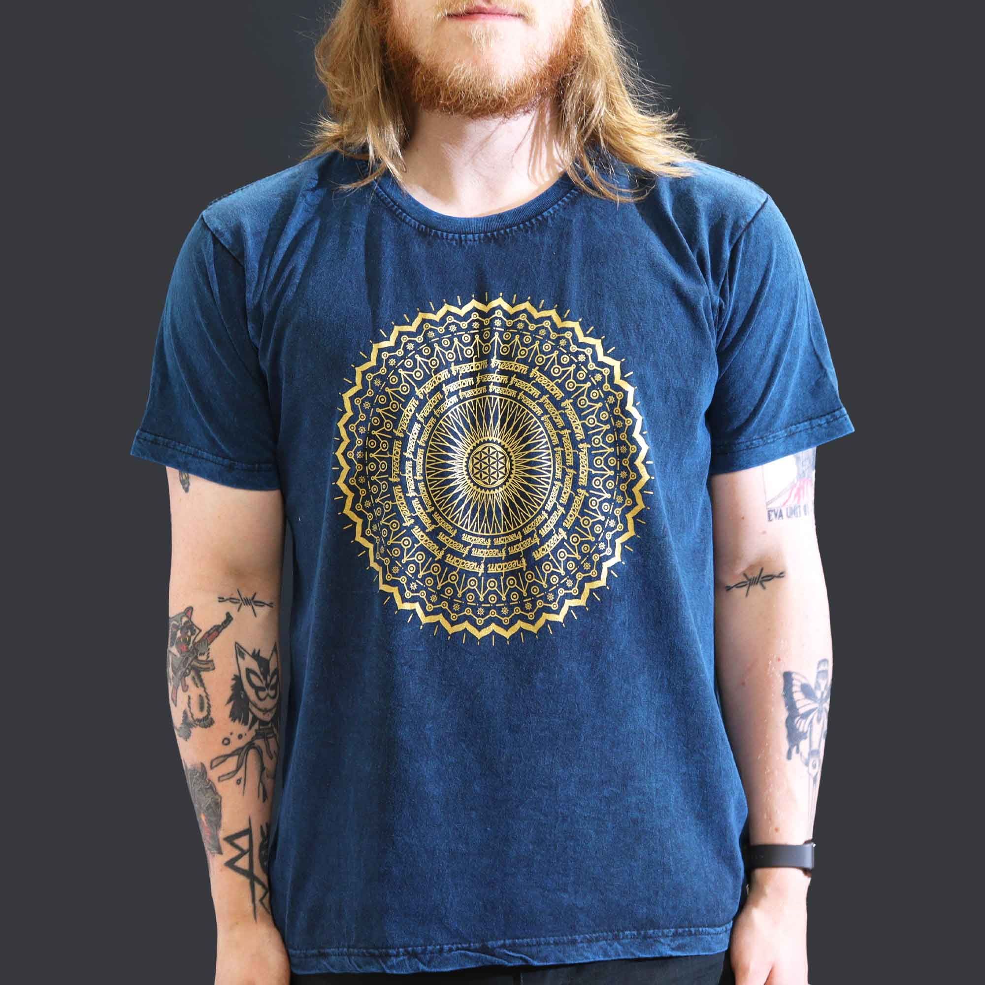 Nomad Sari Stonewashed Cotton T-Shirt – Mandala – Blue – Large