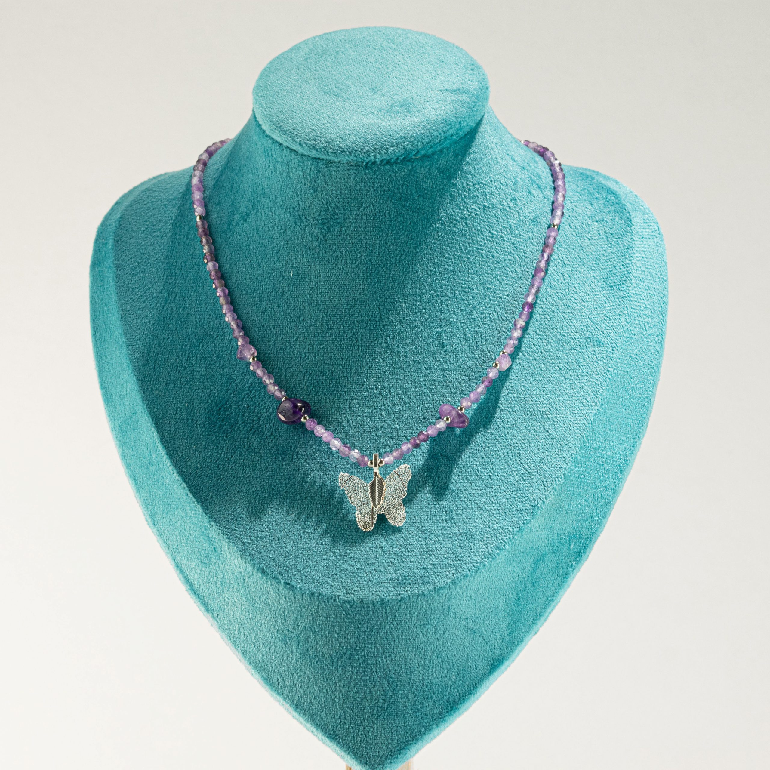 Nymph Amethyst Gemstone Necklace with Real Leaf Butterfly Pendant - Image 8