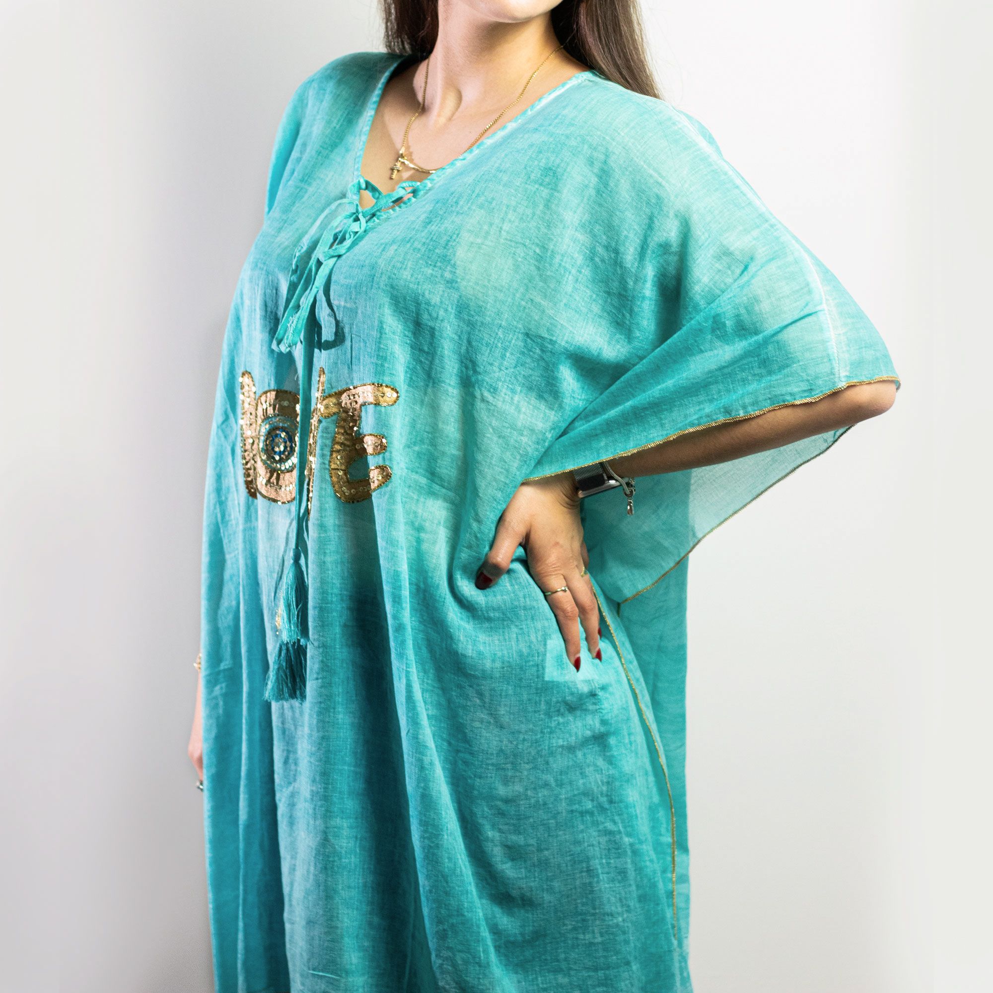 Nomad Sari Kaftan – Turquoise & Gold LOVE Motif - Image 3