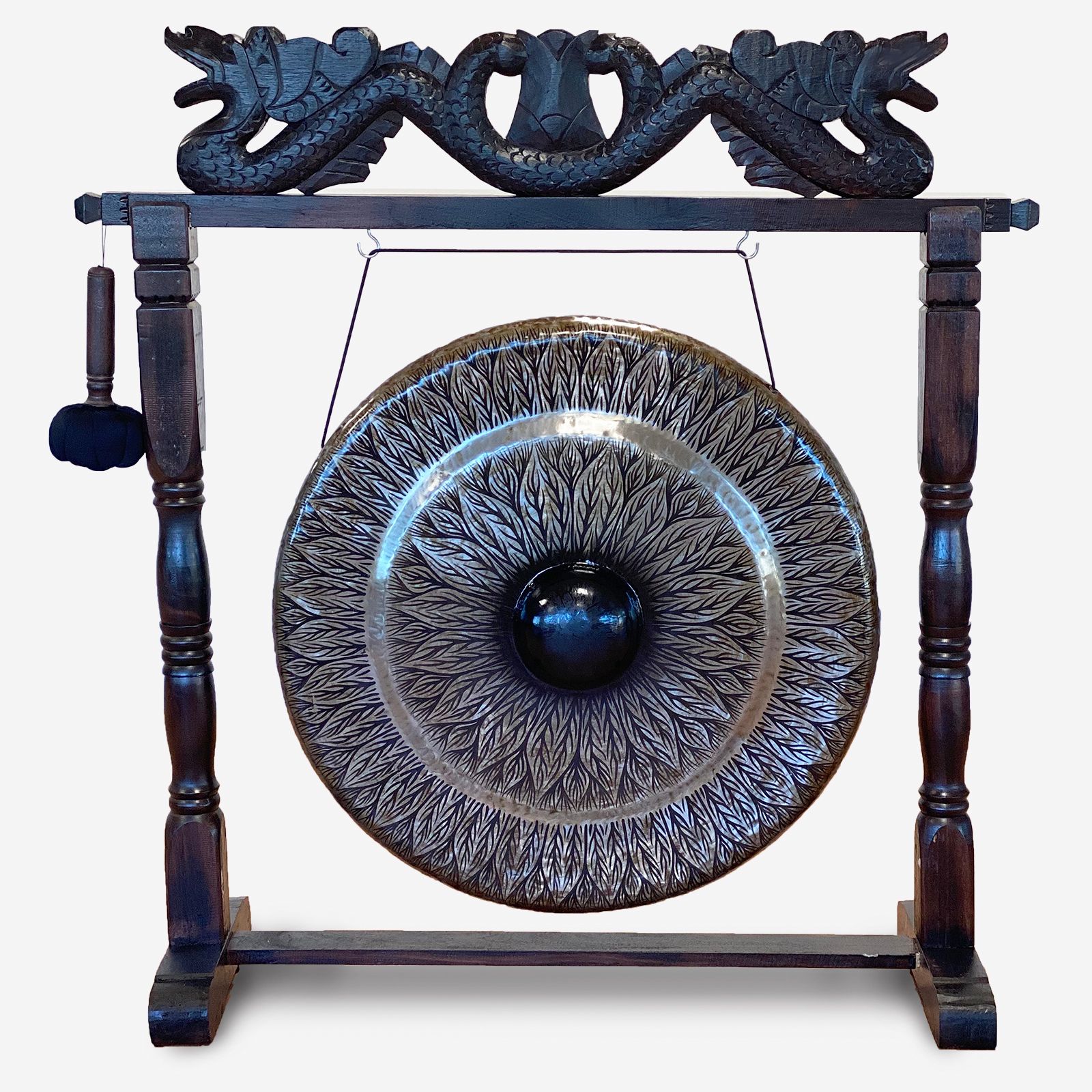 Large Gong in Brown Antique Stand - 80cm - Black - pattern - Image 4