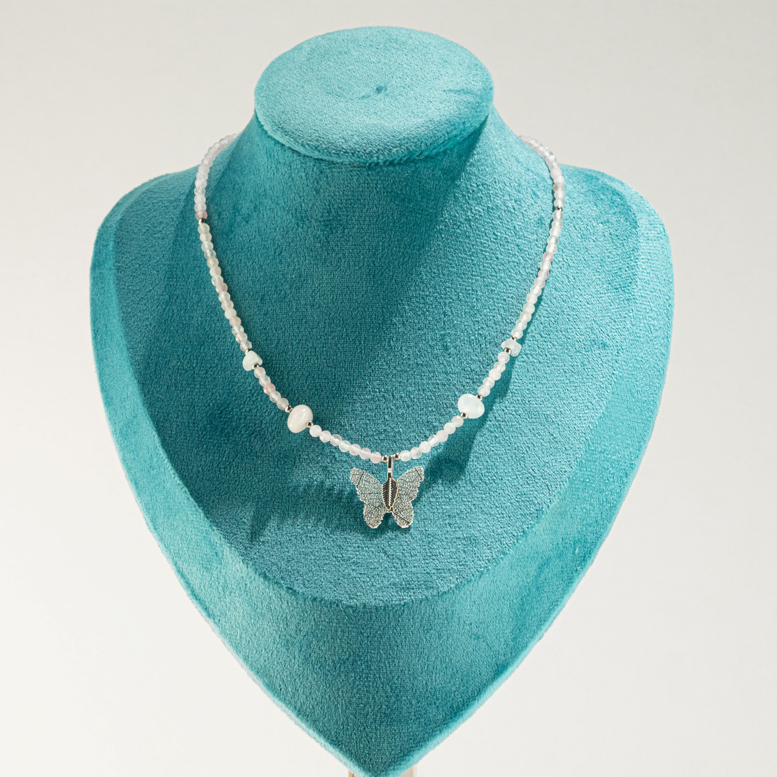 Nymph Rose Quartz Gemstone Necklace with Real Leaf Butterfly Pendant - Image 6