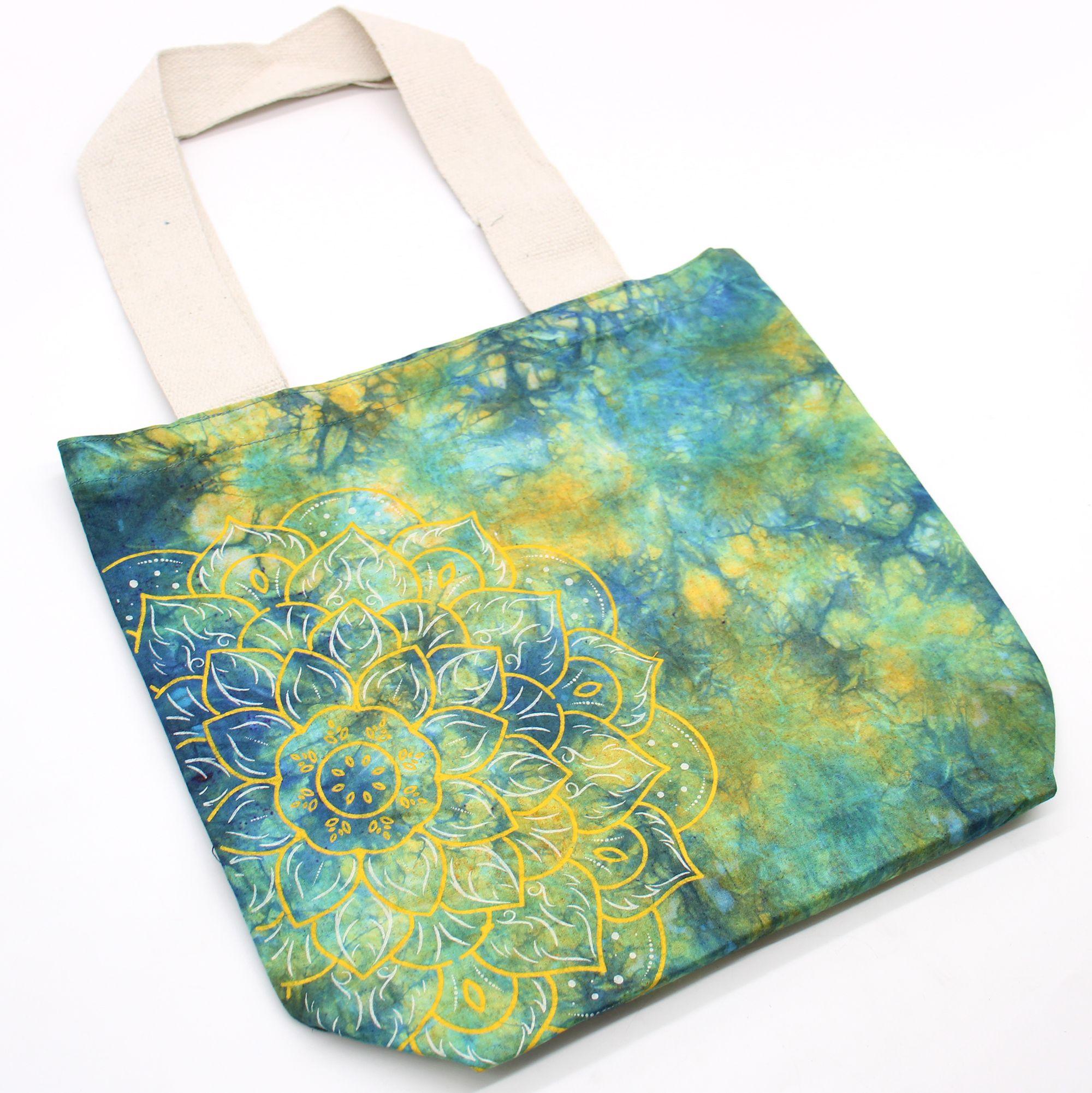 Tye-Dye Cotton Bag (6oz) - 38x42x12cm - Mandela - Green/Blue - Natural Handle - Image 4