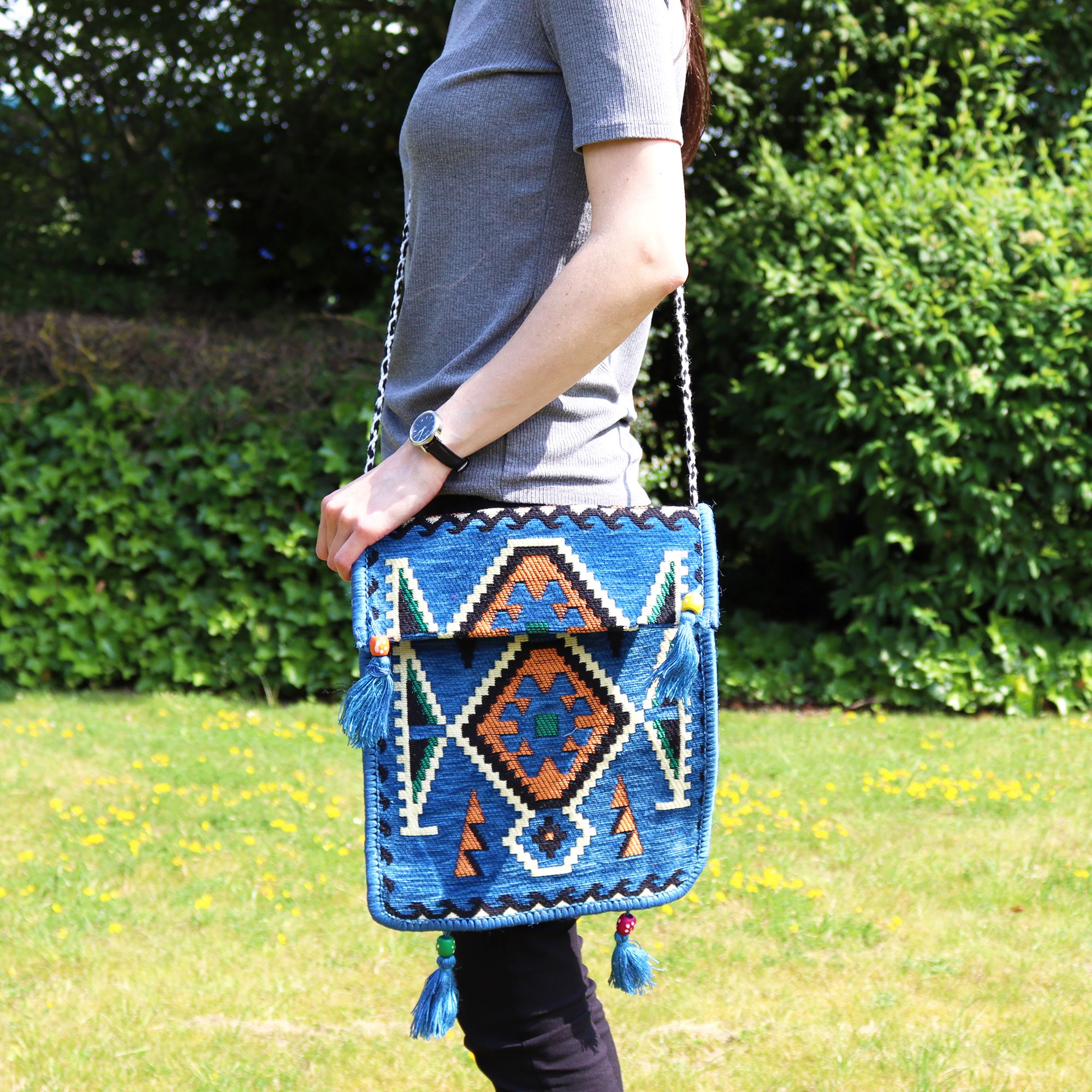 Sky Blue Kilim Messenger Festival Bag - Image 5