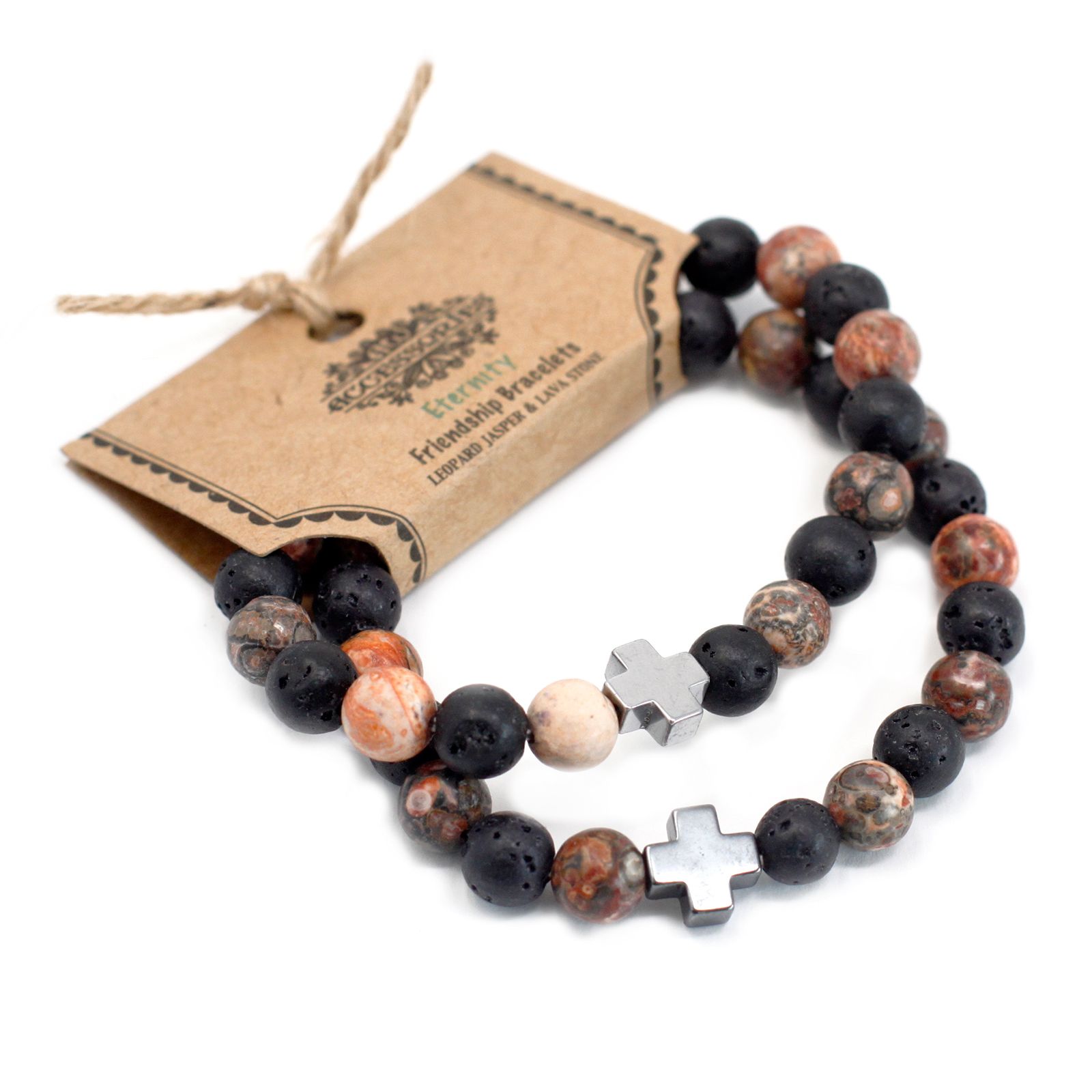 Set of 2 Gemstones Friendship Bracelets - Eternity - Leopard Skin Jasper & Lava Stone - Image 12