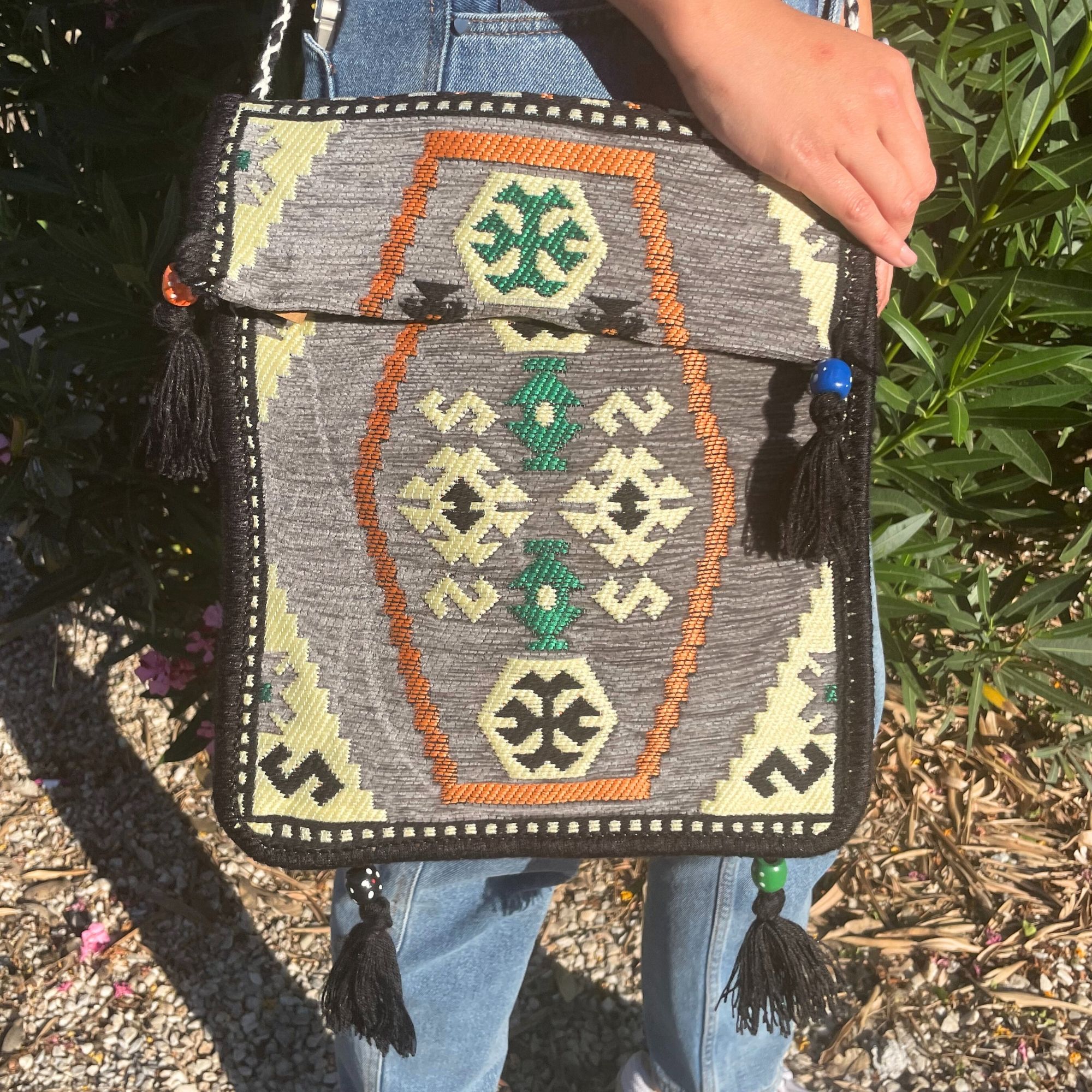 Pale Grey Kilim Messenger Festival Bag - Image 6