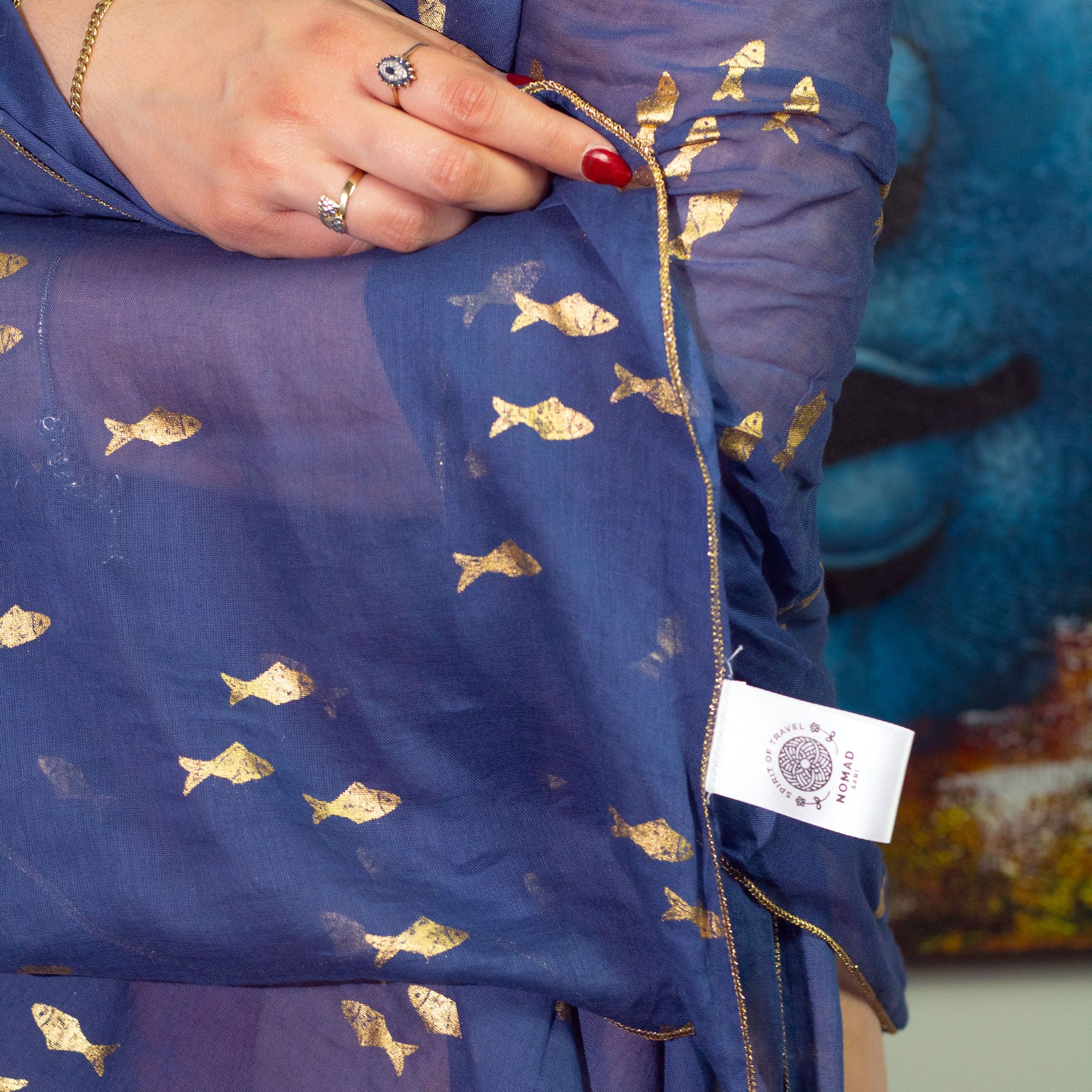 Nomad Sari Pareo – Sea Blue & Gold Fish Print - Image 2